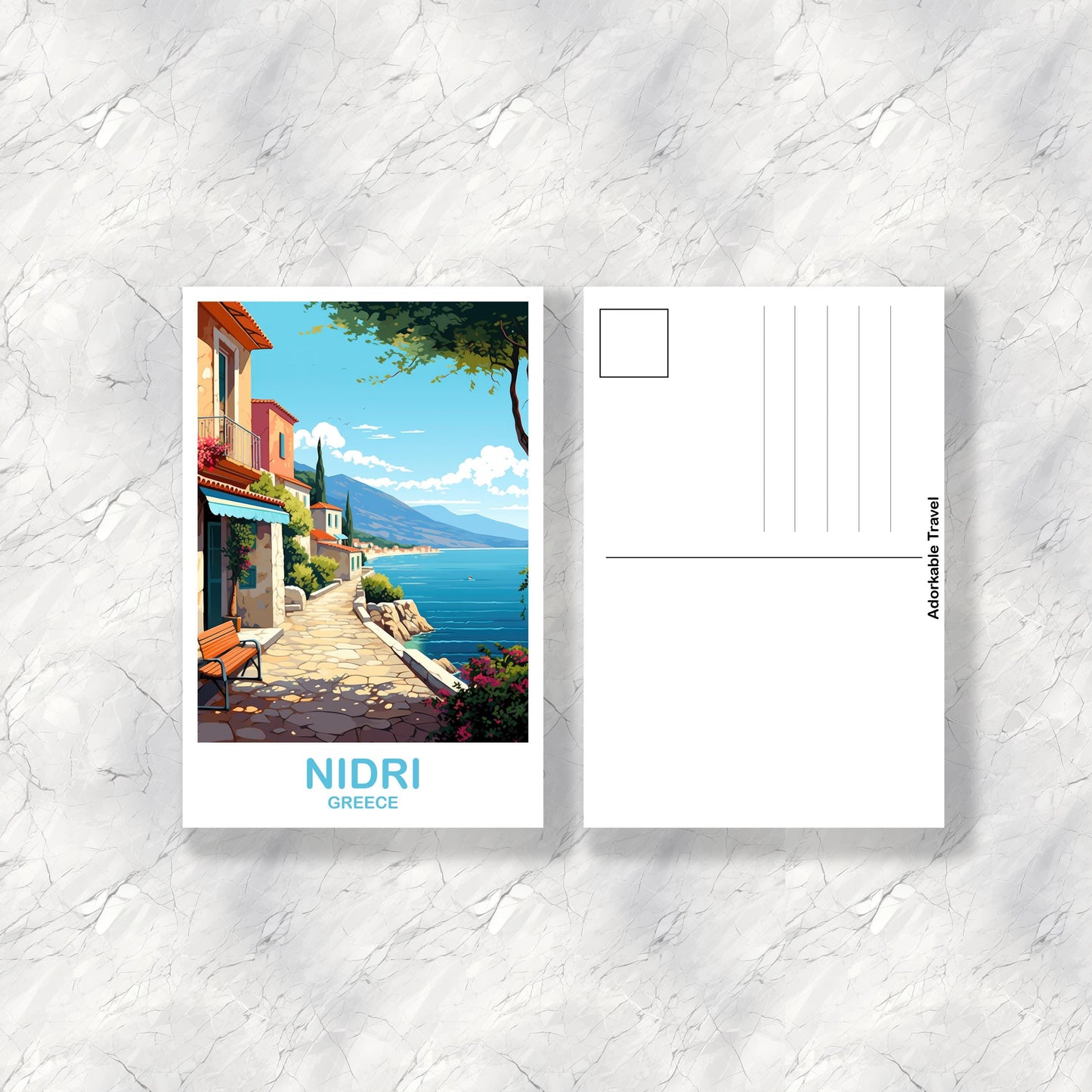 Nidri Greece Travel Postcard Art, Greece Travel Art, Nidri Postcard, Greece Travel Postcard, Europe Travel Postcard | T2EU_GRNI1_P