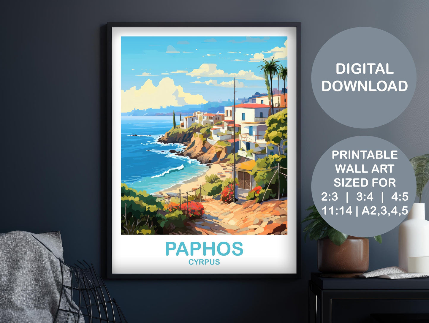 Paphos Cyrprus Travel Poster Art, Printable Cyprus Wall Art, Digital Paphosa Cyprus Wall Art, Paphos Print, Digital Travel Art | DT2EU_CYPH1