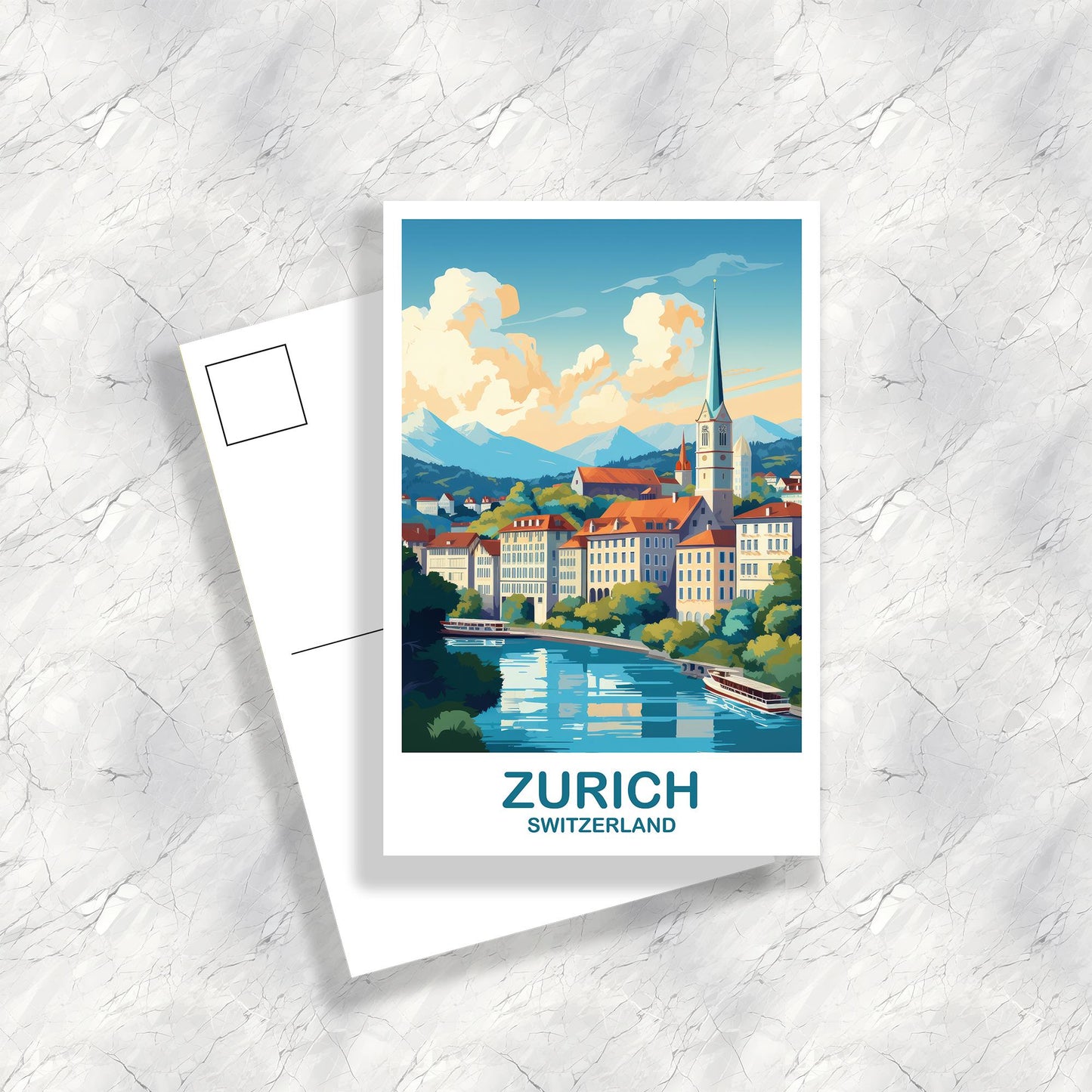Zurich Travel Postcard Art, Zurich Switzerland Postcard Art, Switzerland Art Postcard, City Skyline Sunset Art | T2EU_SWZU1_P