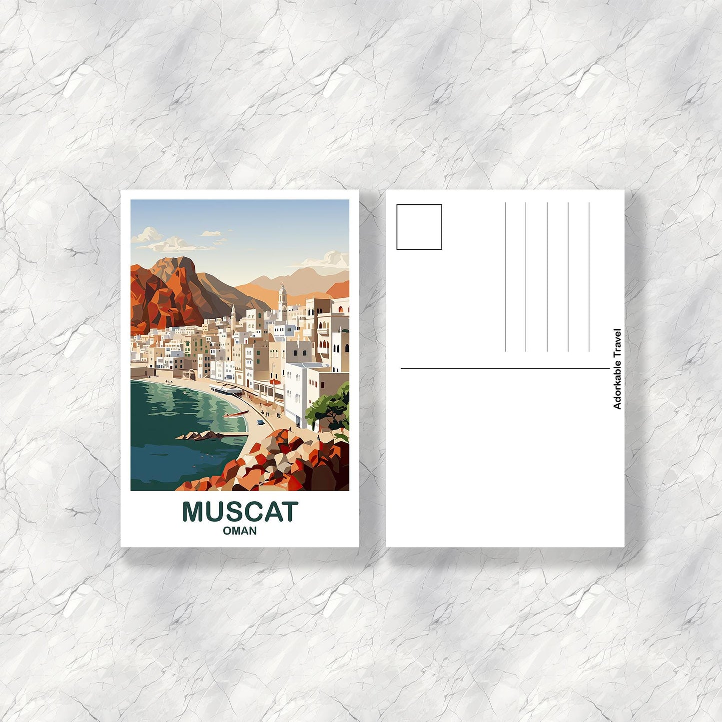 Muscat Oman Travel Postcard, Muscat Skyline, Oman Art Postcard, Muscat Travel Postcard, Travel Postcard, Oman Postcard | T2AS_OMMU1_P