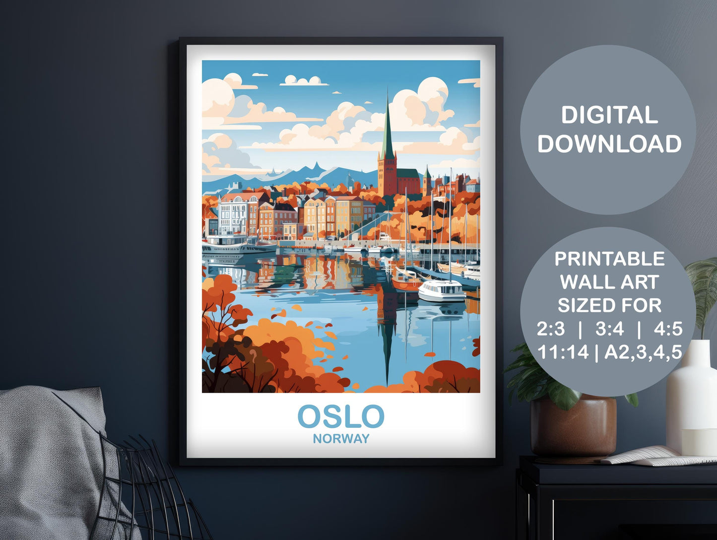 Oslo Norway Travel Poster Art, Digital Oslo Poster, Digital Norway Travel Art, Printable Oslo Norway Art, Europe Travel Art | DT2EU_NOOS1_P