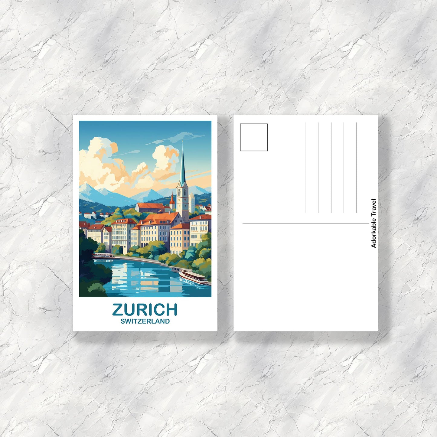 Zurich Travel Postcard Art, Zurich Switzerland Postcard Art, Switzerland Art Postcard, City Skyline Sunset Art | T2EU_SWZU1_P