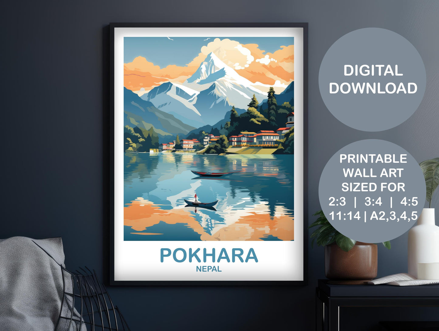 Pokhara Nepa Travel Wall Art, Digital Pokhara Travel Art, Art, City Skyline Wall Art, Printable Nepal Art, Digital Travel Art | DT2AS_NEPO1
