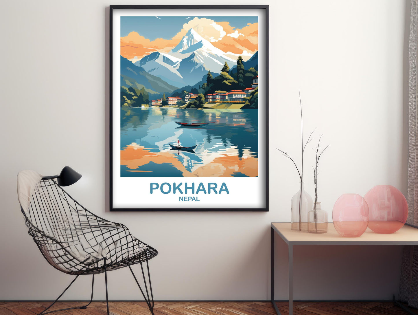 Pokhara Nepal Travel Poster Art, Pokhara Travel Art, Art, City Skyline Poster Art, Poster Nepal Art, Asia Travel Art | T2AS_NEPO1