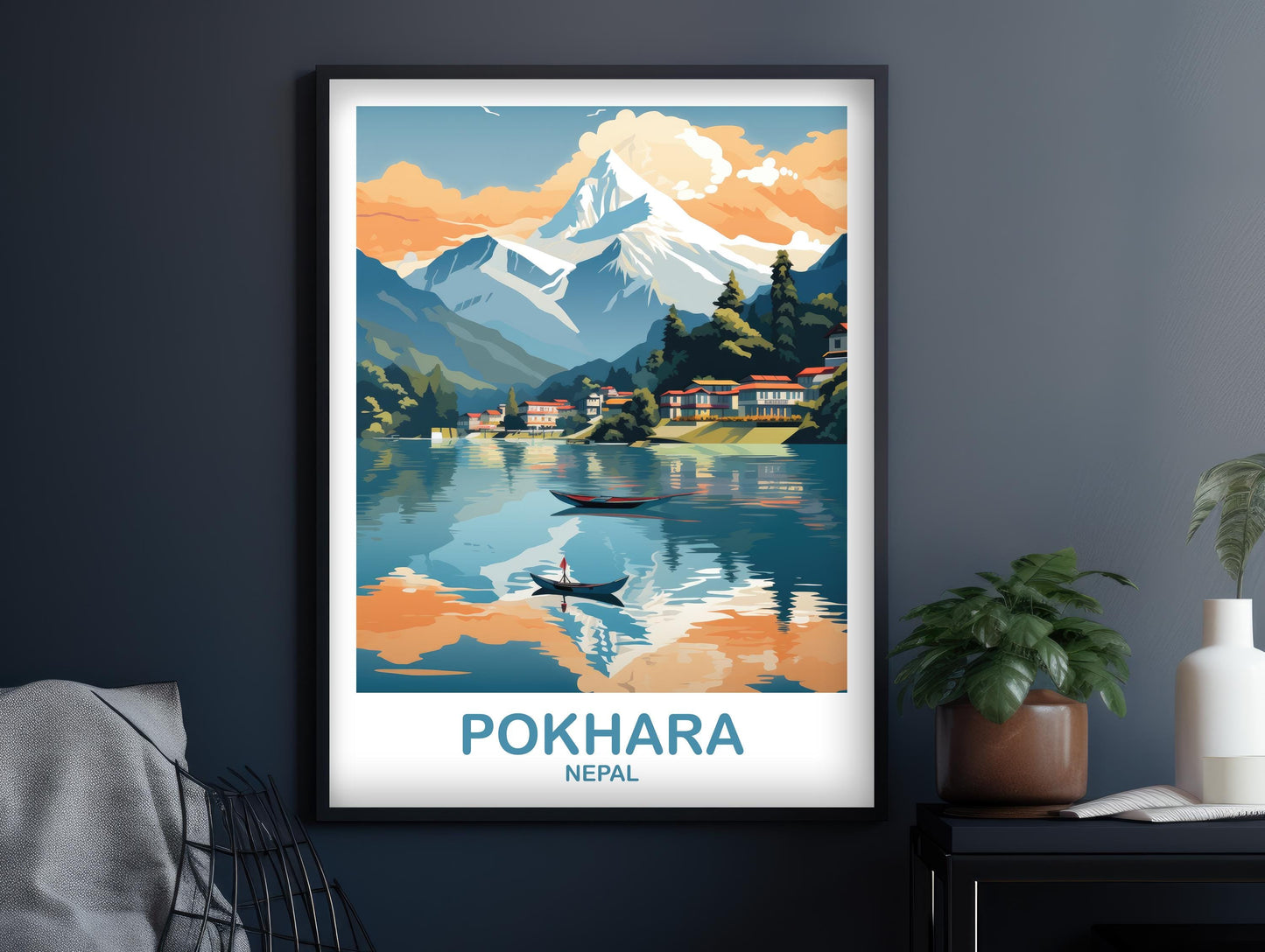 Pokhara Nepal Travel Poster Art, Pokhara Travel Art, Art, City Skyline Poster Art, Poster Nepal Art, Asia Travel Art | T2AS_NEPO1