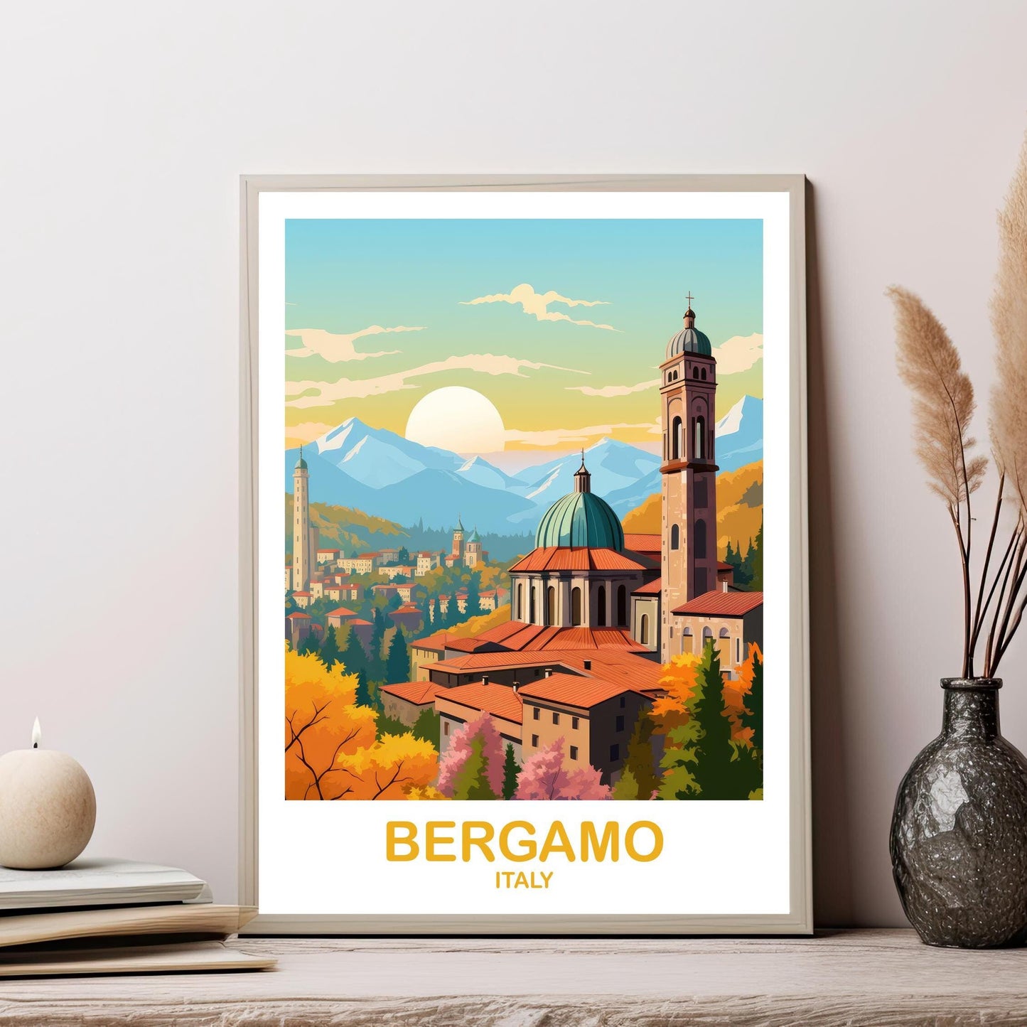 Bergamo Rome Travel Poster, Bergamo Travel Art, Italy Poster, Bergamo Travel Wall Art, Europe Travel Art Italy Travel Wall Art | T2EU_ITBER1