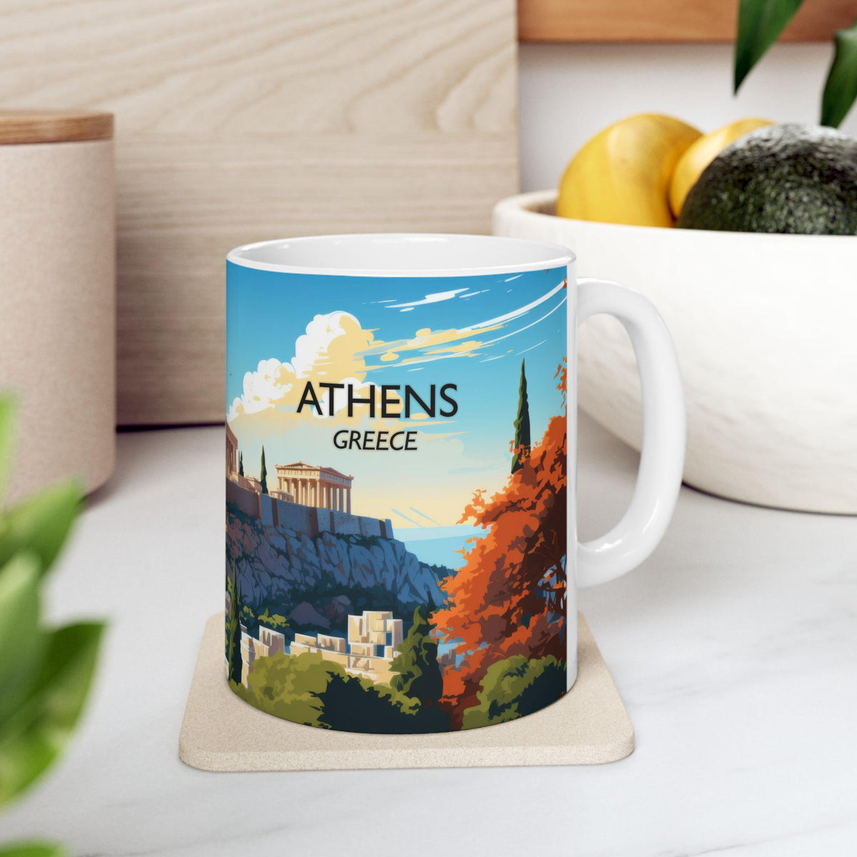 Ceramic mug printed with travel artwork