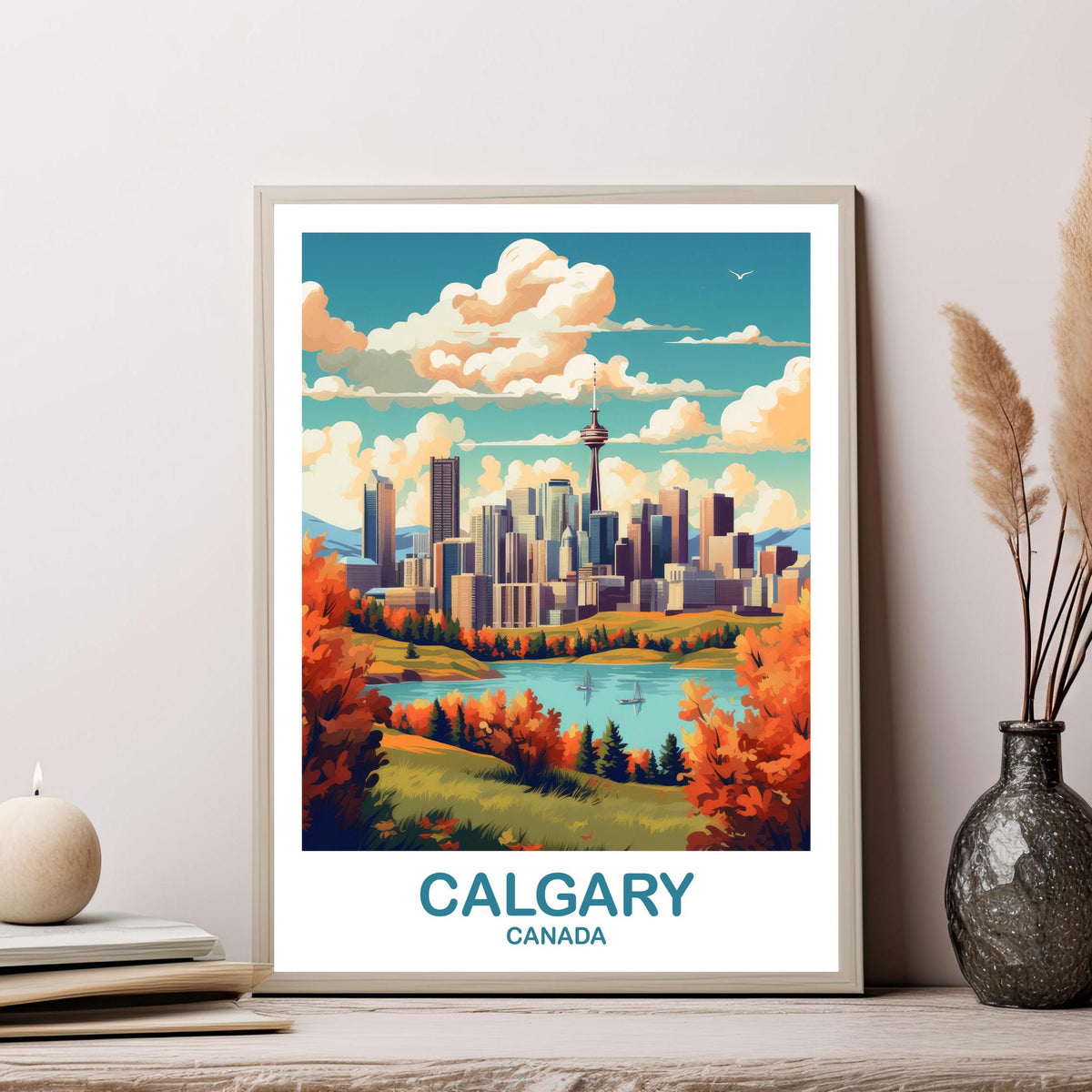 Framed illustrated travel poster on a wall