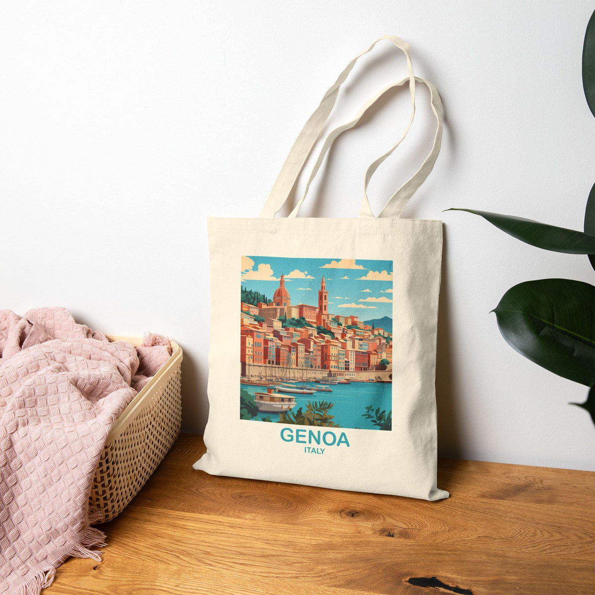 Natural canvas tote bag printed with travel artwork