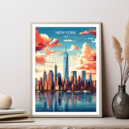 New York Travel Print, Manhattan Skyline, New York Wall Art, Big Apple Poster, City Skyline Sunset Wall New York Skyline | T1NA_NYNY1