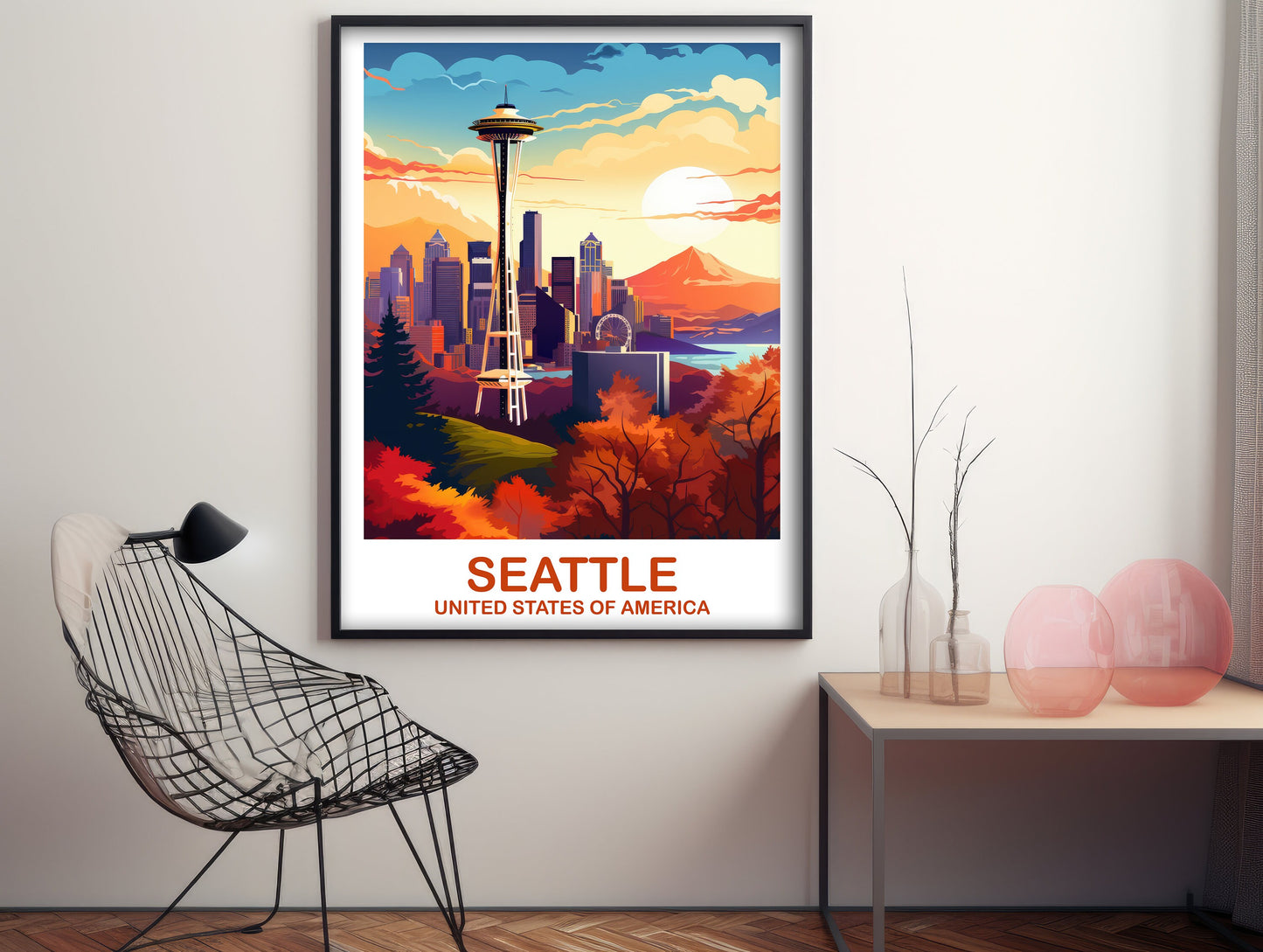 Seattle Travel Print Wall Art, Seatle Skyline, Seattle Wall Art, Seatle Poster, City Skyline Sunset Wall Art, North America | T2NA_WASE1