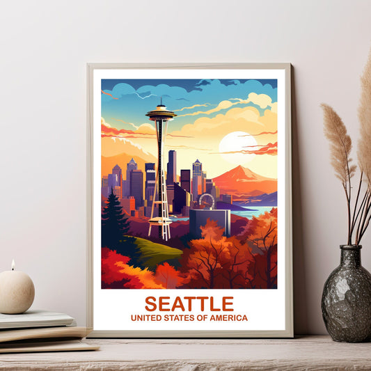 Seattle Travel Print Wall Art, Seatle Skyline, Seattle Wall Art, Seatle Poster, City Skyline Sunset Wall Art, North America | T2NA_WASE1