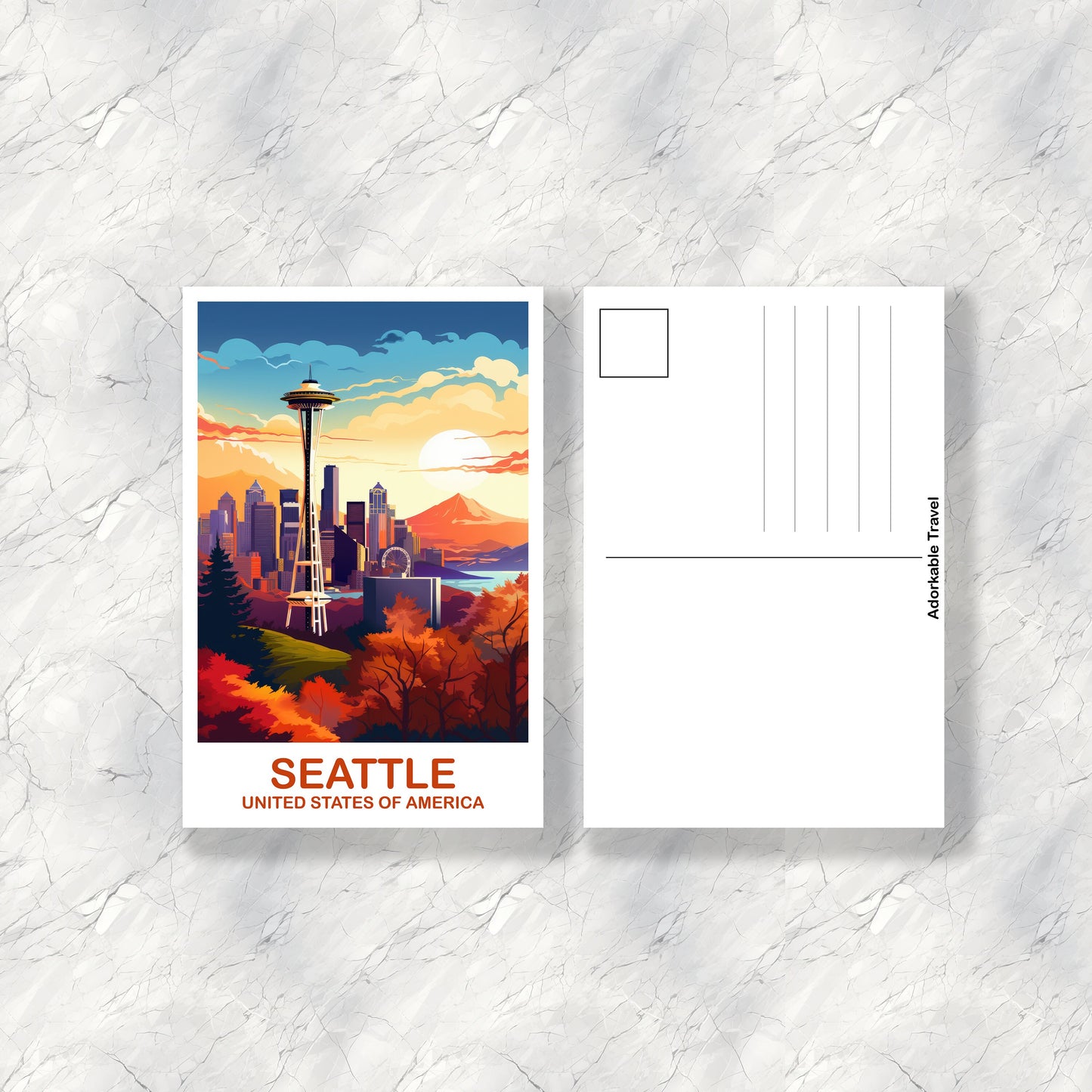 Seattle Travel Postcard Art, Seatle Skyline Postcard, Seatle Postcard, City Skyline Sunset Postcard, North America, Postcard | T2NA_WASE1_P