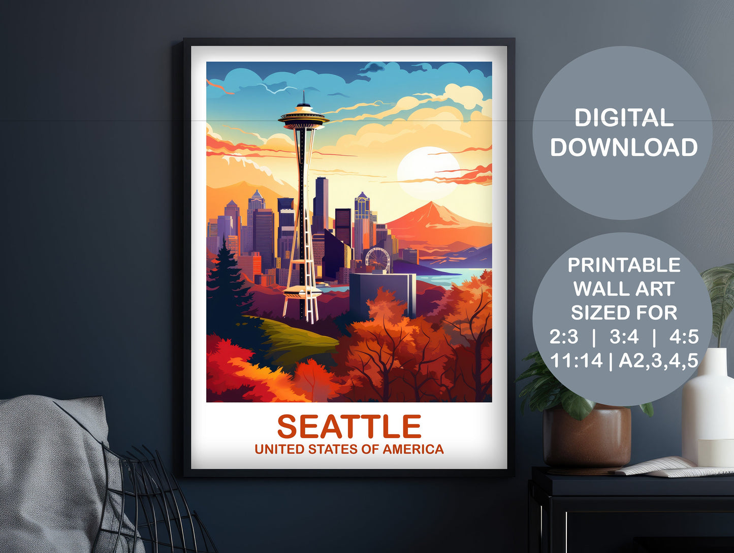 Seattle Travel Print Wall Art, Seattle Skyline, Printable Seattle Wall Art, Digital Seattle Wall Art, North America | DT2NA_WASE1