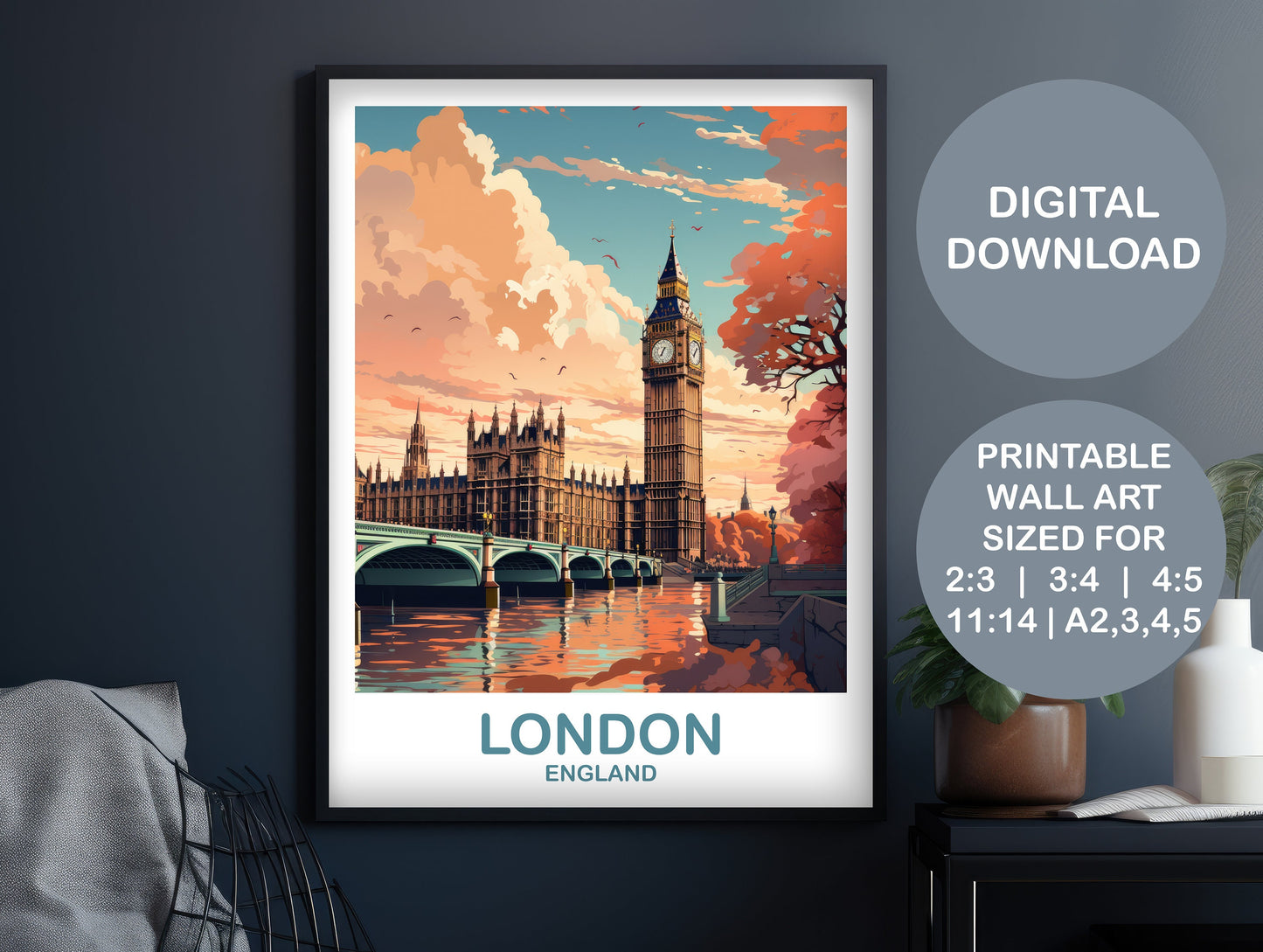 Printable London Travel Art Poster, Digital London Travel Wall Art, England, Big Ben Travel Wall Art, England Travel Wall Art | DT2EU_ENLO3