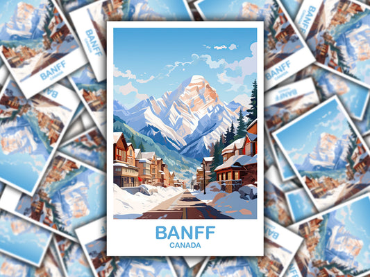 Banff Travel Sticker Decal, Banff National Park Travel Sticker, City Skyline Art Sticker, Rocky Mountain Sticker | T2NA_ABBA1_S