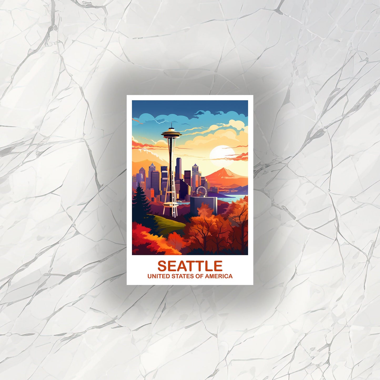Seattle Travel Sticker Art, Seatle Skyline Sticker, Seattle Sticker, City Skyline Sunset Sticker, North America Travel Art | T2NA_WASE1_S