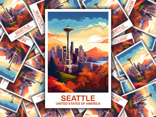 Seattle Travel Sticker Art, Seatle Skyline Sticker, Seattle Sticker, City Skyline Sunset Sticker, North America Travel Art | T2NA_WASE1_S