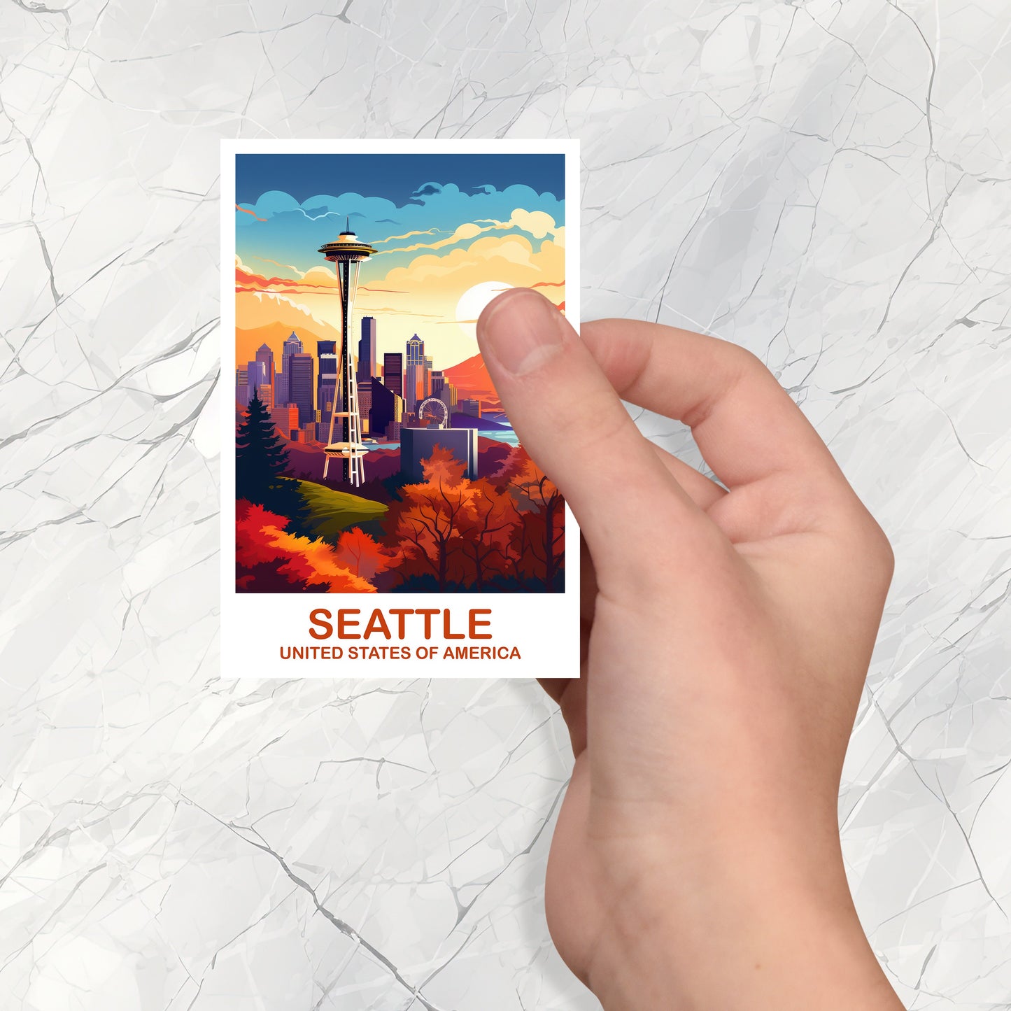 Seattle Travel Sticker Art, Seatle Skyline Sticker, Seattle Sticker, City Skyline Sunset Sticker, North America Travel Art | T2NA_WASE1_S