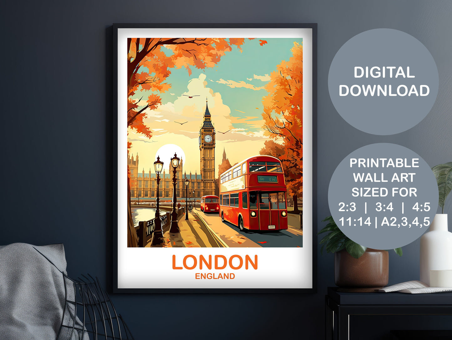 Printable London Travel Art Poster, Digital London Travel Wall Art, England, Big Ben Travel Wall Art, England Travel Art | DT2EU_ENLO4