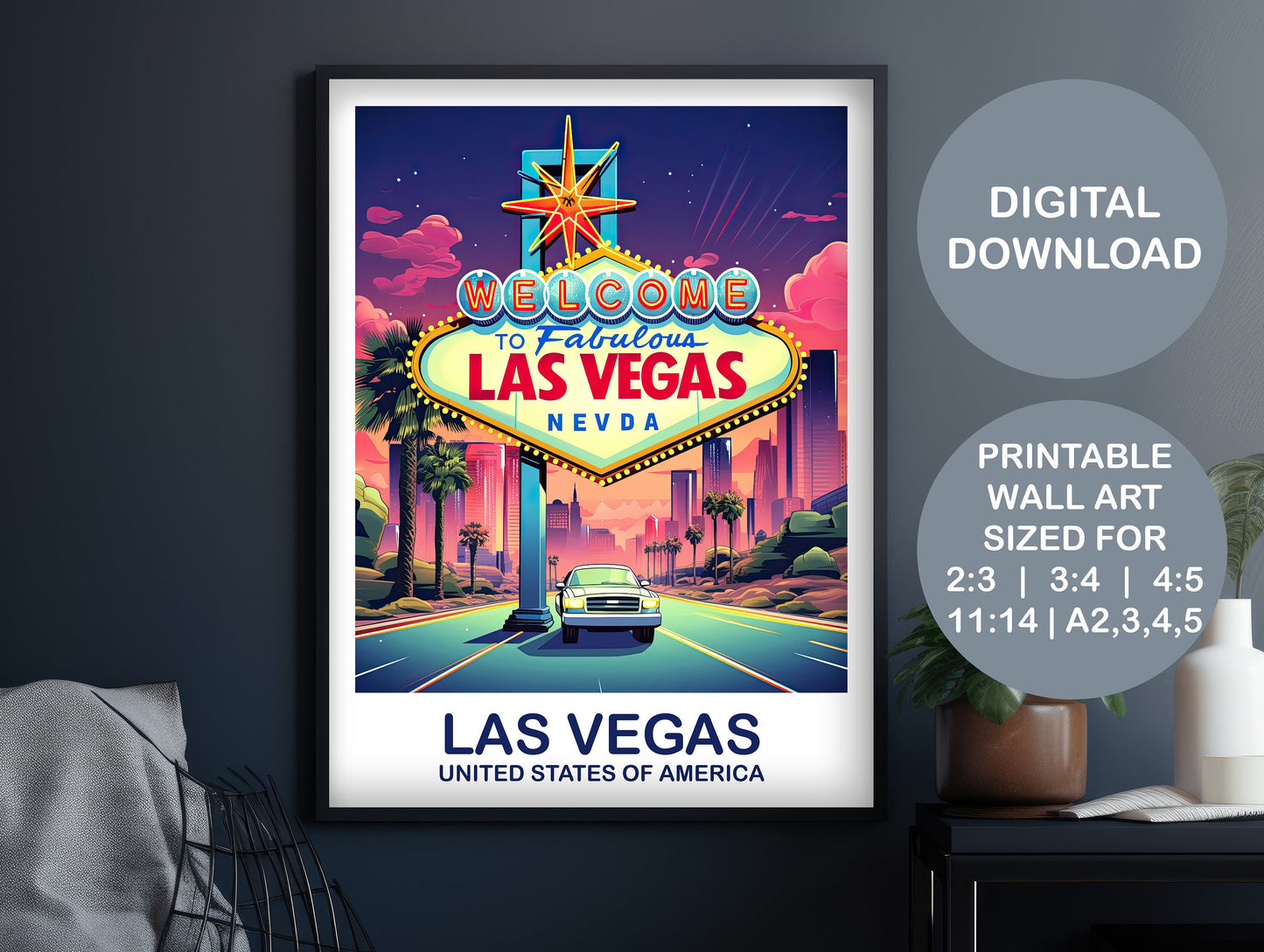 Printable Las Vegas Travel Print, Las Vegas Sign, Las Vegas  Digital Travel Wall Art Poster, City Skyline Wall Art | DT2NA_NVLV1