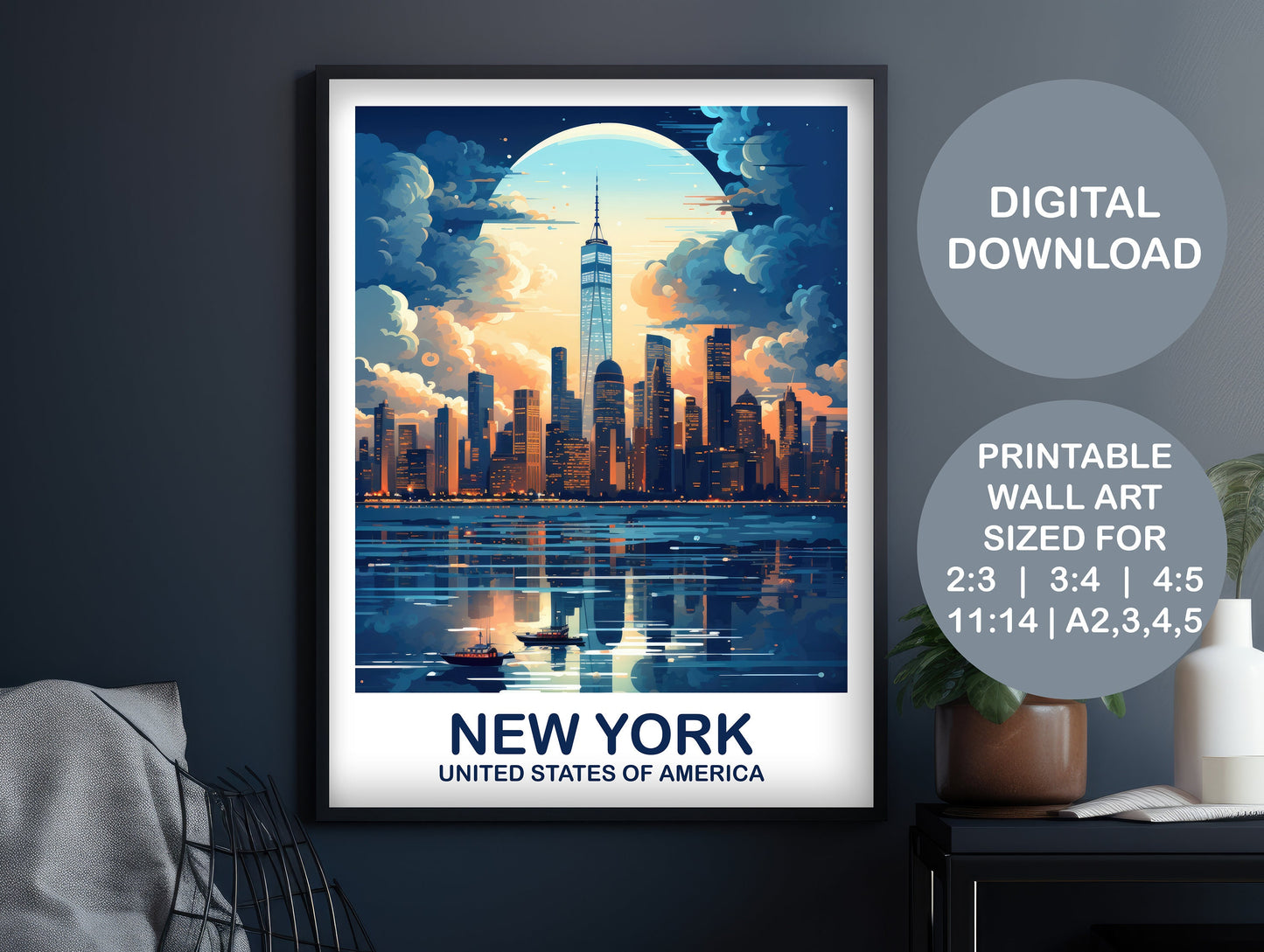 Digital New York Travel Wall Art, Manhattan Skyline, Printable New York Print, Big Apple Poster, Bright and Vibrant Wall Art | DT2NA_NYNY2