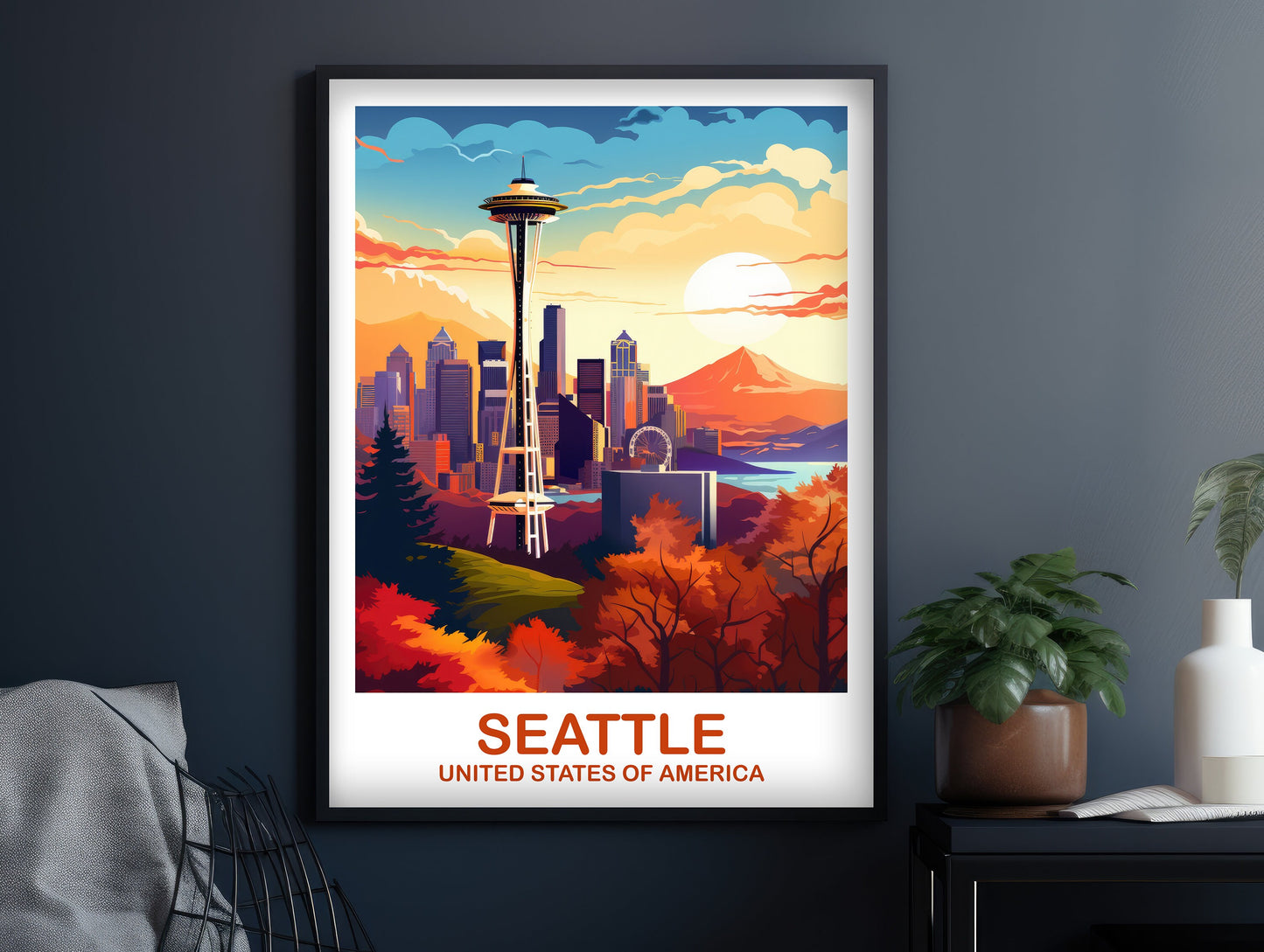 Seattle Travel Print Wall Art, Seatle Skyline, Seattle Wall Art, Seatle Poster, City Skyline Sunset Wall Art, North America | T2NA_WASE1