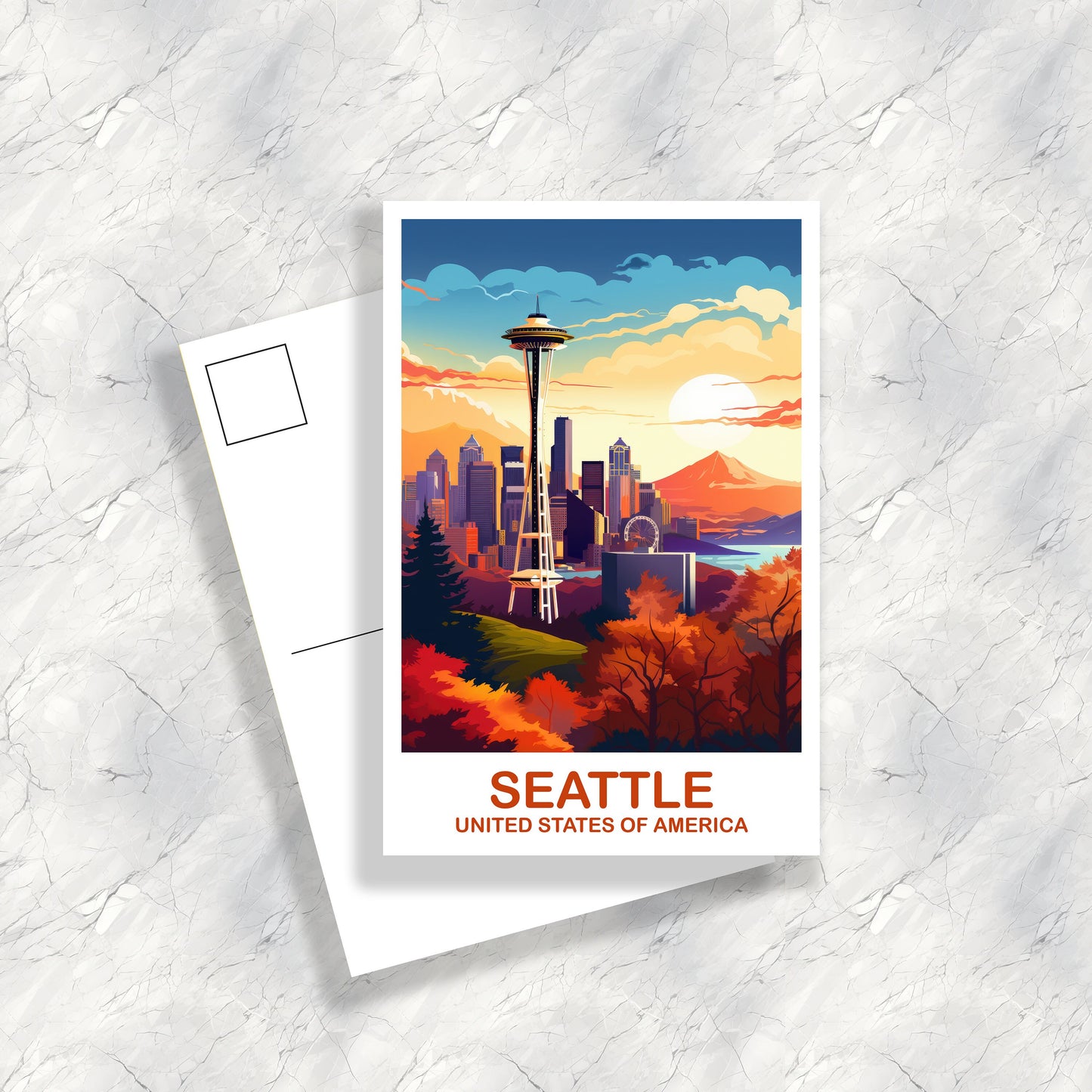 Seattle Travel Postcard Art, Seatle Skyline Postcard, Seatle Postcard, City Skyline Sunset Postcard, North America, Postcard | T2NA_WASE1_P