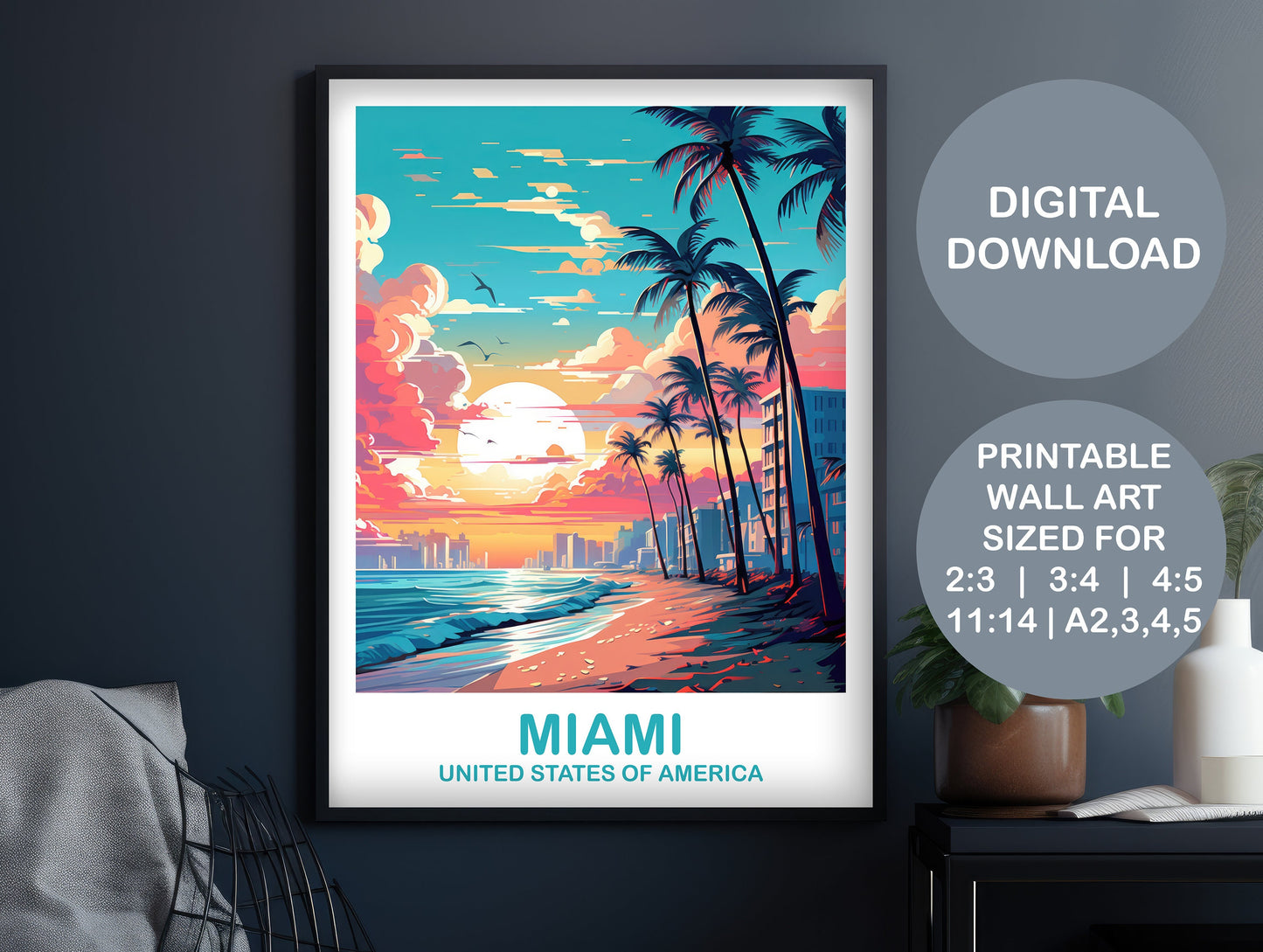 Printable Miami Travel Print, Miami Travel Wall Art, Digital Florida Wall Art, City Skyline Wall Art, Miami Wall Art | DT2NA_FLMI1