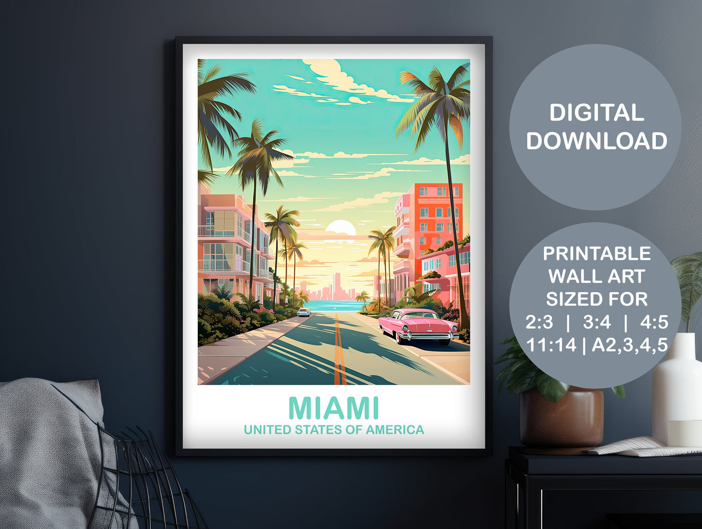 Printable Miami Travel Print, Miami Travel Wall Art, Digital Florida Wall Art, City Skyline Wall Art, Miami Wall Art | DT2NA_FLMI4
