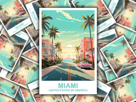 Miami Florida Travel Sticker, Miami Travel Sticker, Florida Art Sticker, City Skyline Art Sticker, Miami Art Sticker | T2NA_FLMI4_S