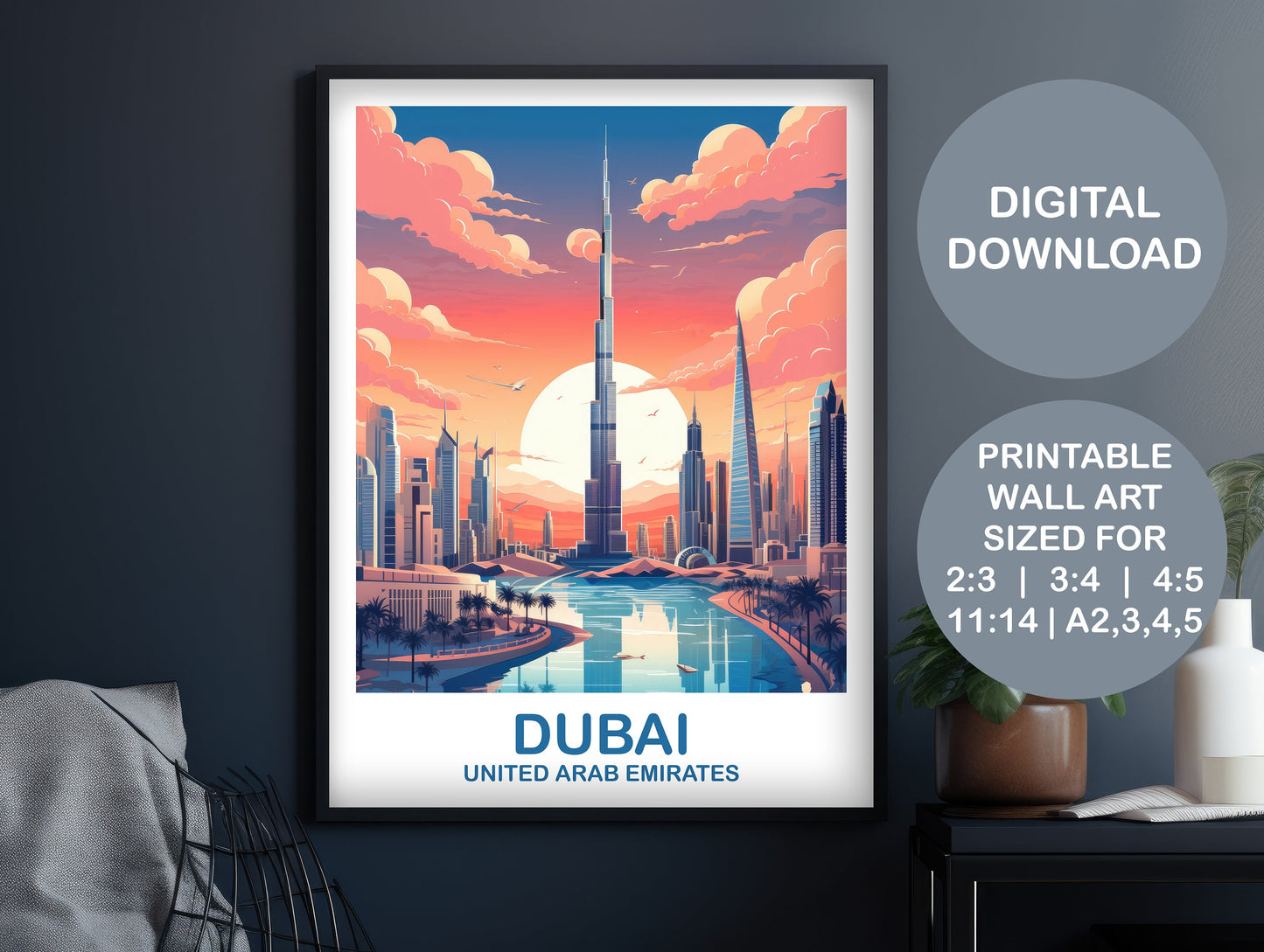 Digital Dubai Travel Wall Art, Dubai Skyline, Dubai Art, City Skyline Wall Art, Vibrant Sunset, Printable Travel Wall Art | DT2AS_UAEDU1