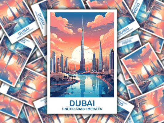 Dubai Travel Art Sticker, Dubai Skyline, Dubai Art Sticker, City Skyline Sticker Art, Vibrant Sunset, Travel Art Sticker | T2AS_UAEDU1_S
