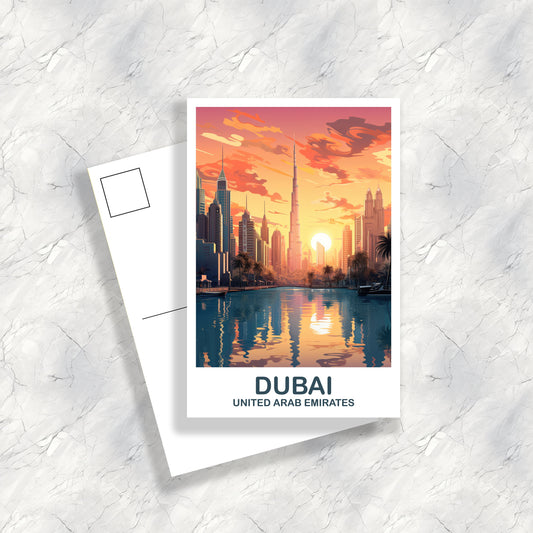 Dubai Travel Art Postcard, Dubai Skyline, Dubai Art Postcard, City Skyline Wall Art, Vibrant Sunset, Travel Art Postcard | T2AS_UAEDU2_P