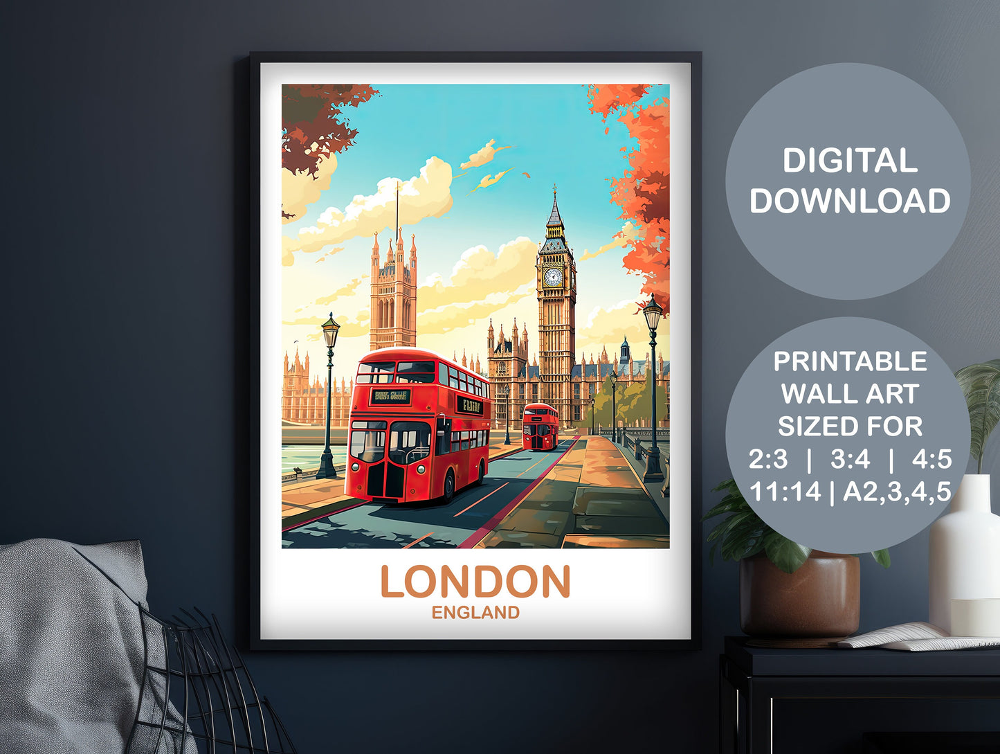 Digital London Travel Art Poster, Printable London Travel WallArt, England, Big Ben Travel Wall Art, England Travel Wall Art | DT2EU_ENLO2