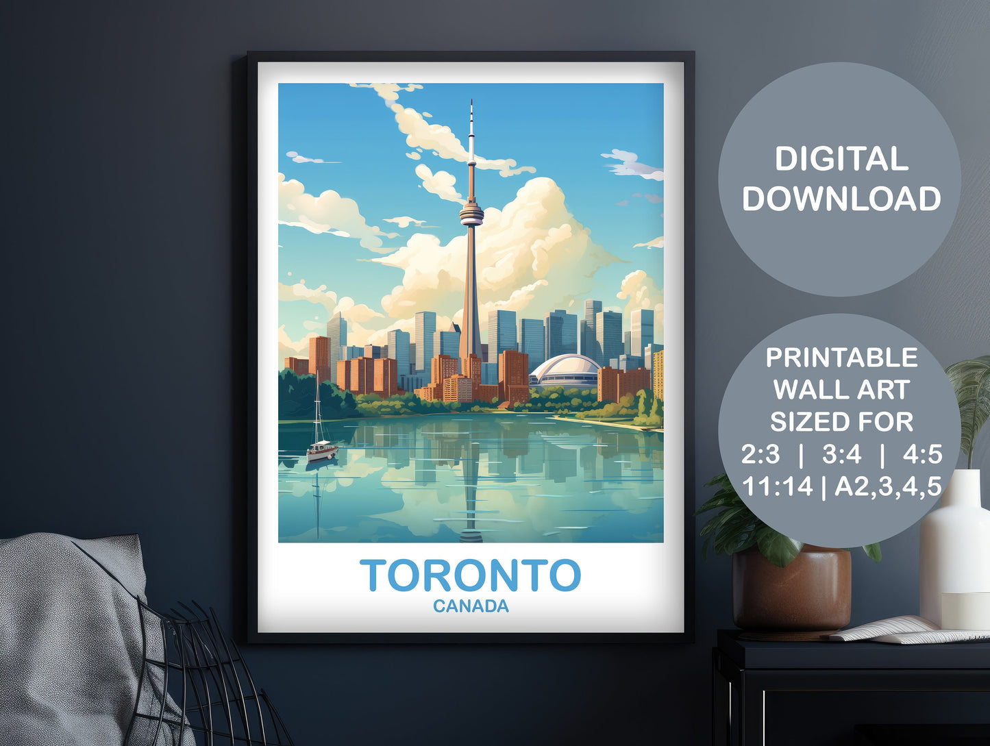 Printable Toronto Travel Wall, Ontario Travel Wall Art, Digital Toronto Wall Art Poster, City Skyline Wall Art, Lake Ontario | DT2NA_ONTO3