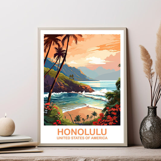 Honolulu Travel Wall Art, Hawaii Travel Wall Art, Honolulu Wall Art Poster, City Skyline Wall Art, USA Travel Wall Art | T2NA_HAHO1