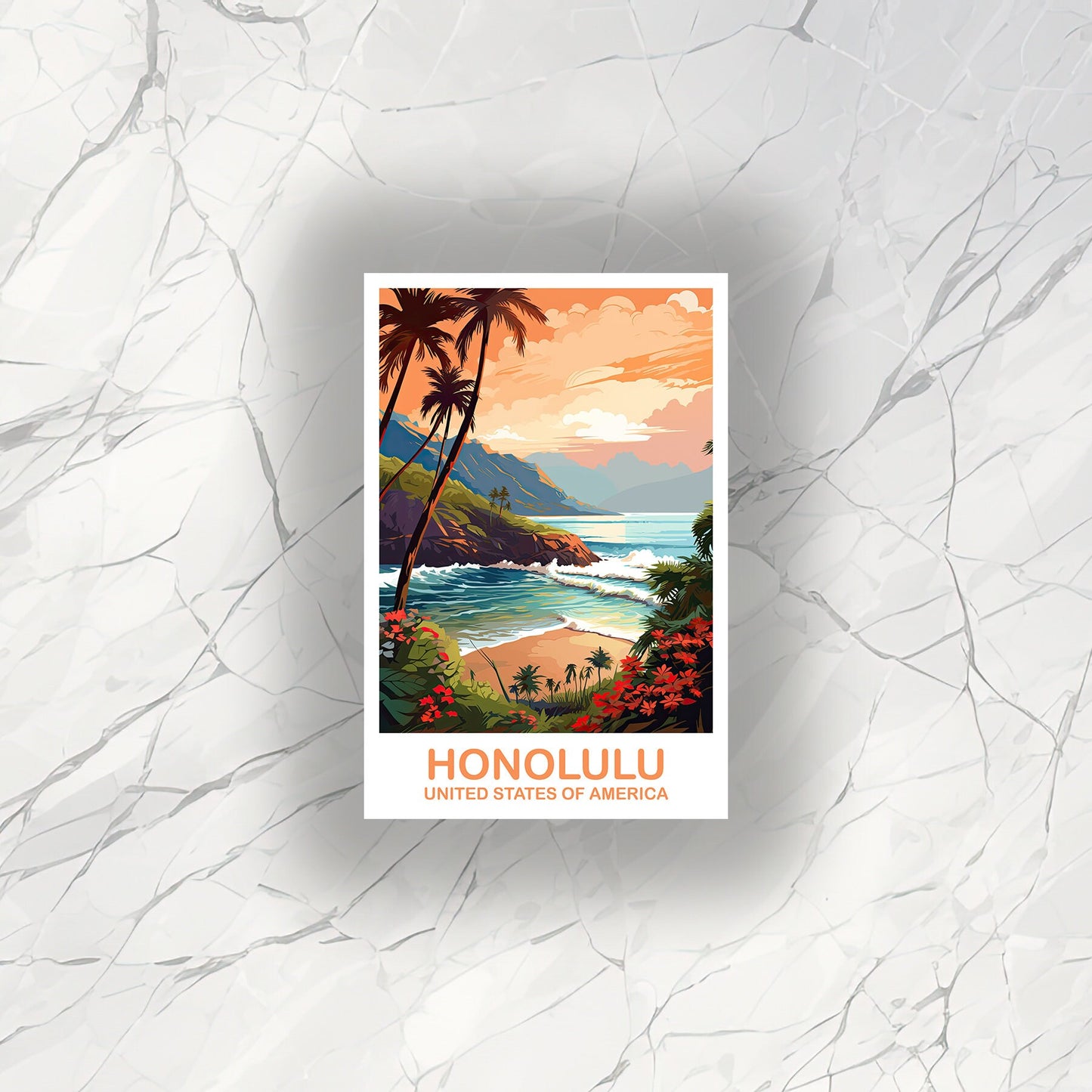Honolulu Travel Sticker Art, Hawaii Travel Sticker Art, Honolulu Art Sticker, City Skyline Art, USA Travel Sticker | T2NA_HAHO1_S