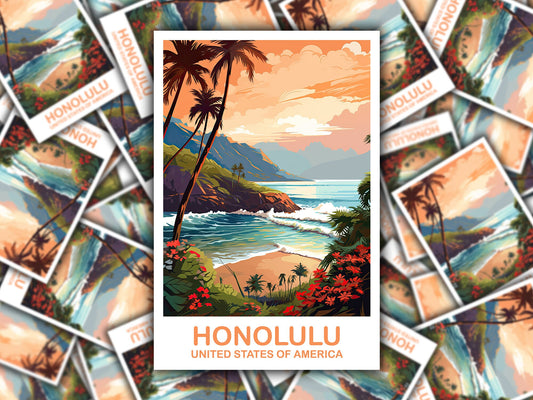 Honolulu Travel Sticker Art, Hawaii Travel Sticker Art, Honolulu Art Sticker, City Skyline Art, USA Travel Sticker | T2NA_HAHO1_S