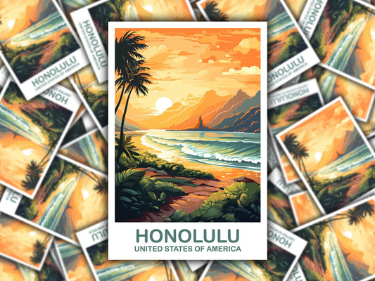 Honolulu Travel Sticker Art, Hawaii Travel Sticker Art, Honolulu Art Sticker, City Skyline Art, USA Travel Sticker | T2NA_HAHO2_S