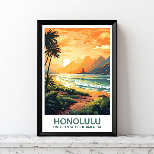 Digital Honolulu Travel Art, Hawaii Travel Wall Art, Printable Honolulu Wall Art, City Skyline Wall Art, USA Travel Wall Art | DT2NA_HAHO2