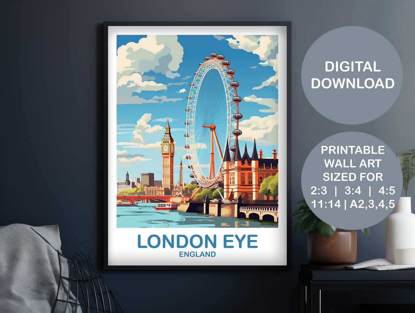 Printable London Eye Travel Art Poster, Digital London Travel Wall Art, England, Big Ben Travel Wall Art, England Travel Art | DT2EU_ENLO5