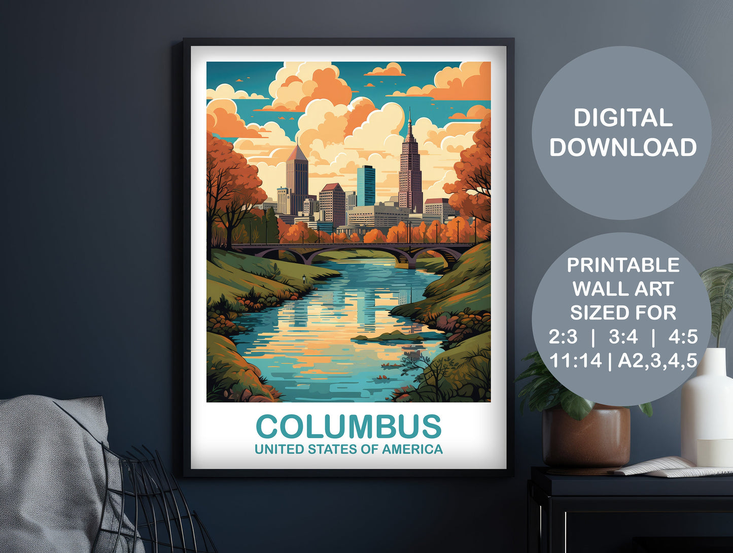 Columbus Ohio Travel Print, Digital Columbus Travel Wall Art, Printable Ohio Wall Art, City Skyline Wall Art, USA Wall Art | DT2NA_OHCO1
