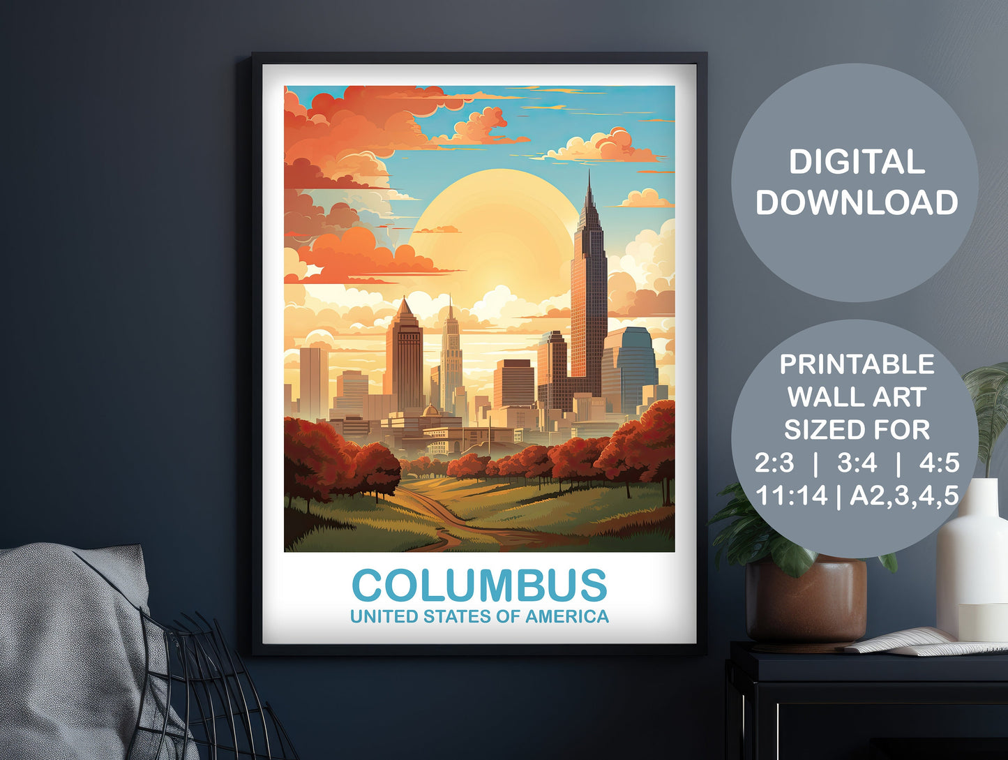 Columbus Ohio Travel Print, Digital Columbus Travel Wall Art, Printable Ohio Wall Art, City Skyline Wall Art, USA Wall Art | DT2NA_OHCO2