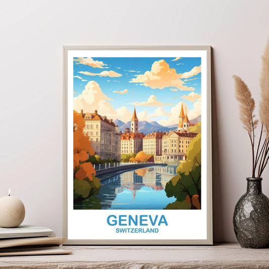 Geneva Travel Wall Art, Geneva Switzerland Wall Art, Switzerland Wall Art Poster, City Skyline Sunset Wall Art | T2EU_SWGE1