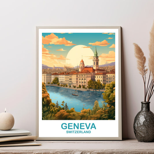 Geneva Travel Wall Art, Geneva Switzerland Wall Art, Switzerland Wall Art Poster, City Skyline Sunset Wall Art | T2EU_SWGE2
