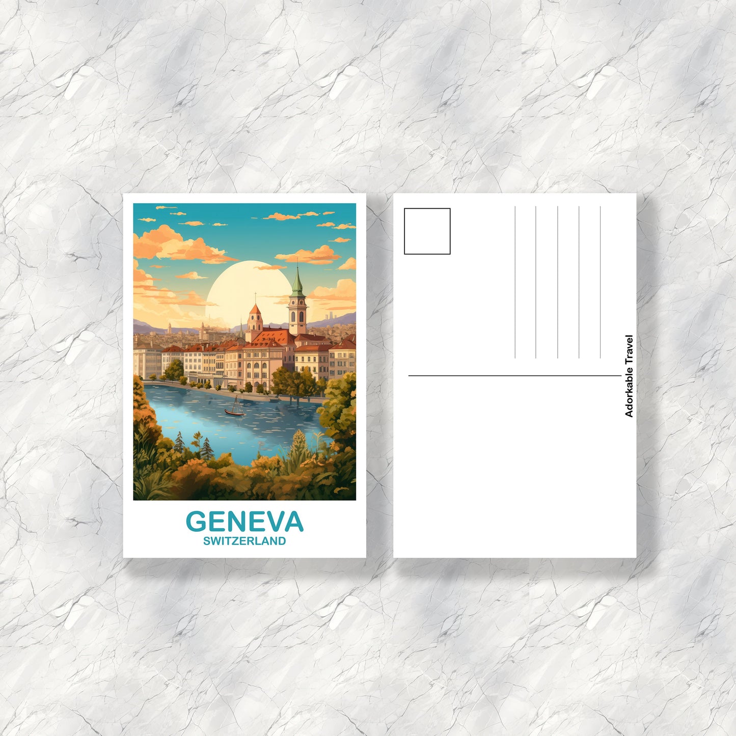 Geneva Travel Postcard Art, Geneva Switzerland Postcard Art, Switzerland Art Postcard, City Skyline Sunset Art | T2EU_SWGE2_P