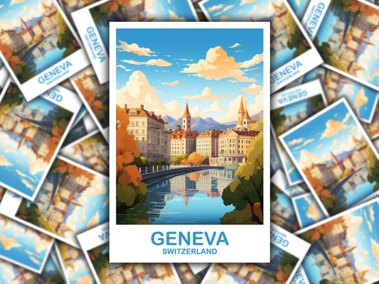 Geneva Travel Sticker Art, Geneva Switzerland Art Sticker, Switzerland Art Sticker, City Skyline Sunset Art | T2EU_SWGE1_S
