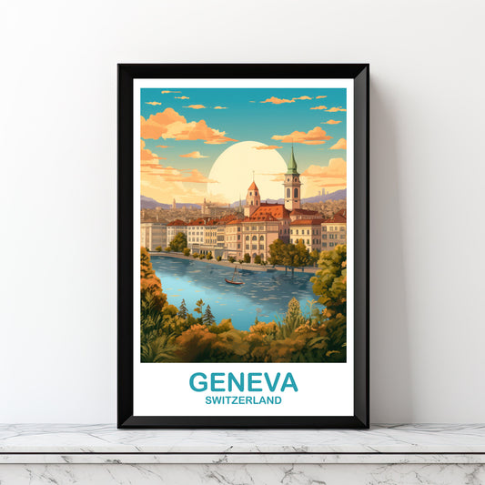Geneva Travel Wall Art, Digital Geneva Switzerland Wall Art, Printable Switzerland Wall Art, City Skyline Sunset Wall Art | DT2EU_SWGE2