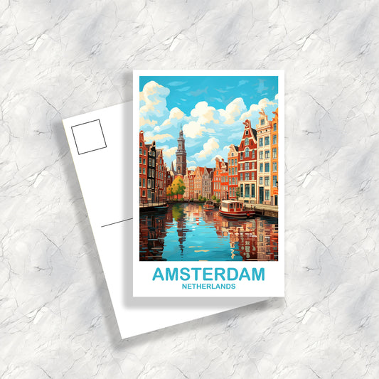 Amsterdam Travel Postcard Art, Netherlands Postcard Art, Amsterdam Art Postcard, City Skyline Sunset Art | T2EU_NEAM1_P